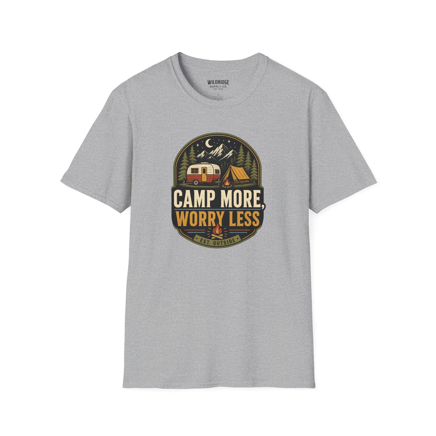 Camp More Worry Less T-Shirt | Vintage RV Camping Badge