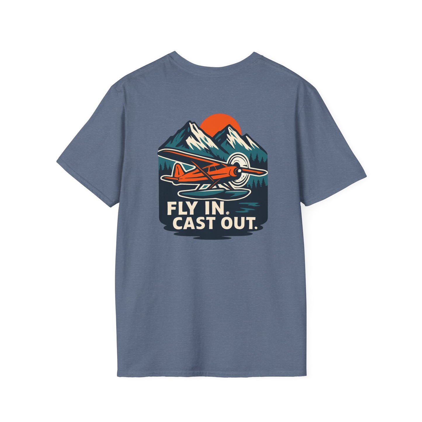 Fishing Unisex Softstyle T-Shirt with Alaskan Seaplane Design - Fly in Cast Out