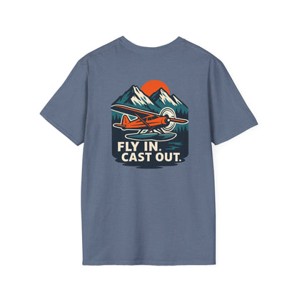 Fishing Unisex Softstyle T-Shirt with Alaskan Seaplane Design - Fly in Cast Out