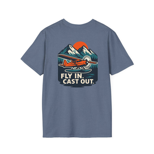 Fishing Unisex Softstyle T-Shirt with Alaskan Seaplane Design - Fly in Cast Out