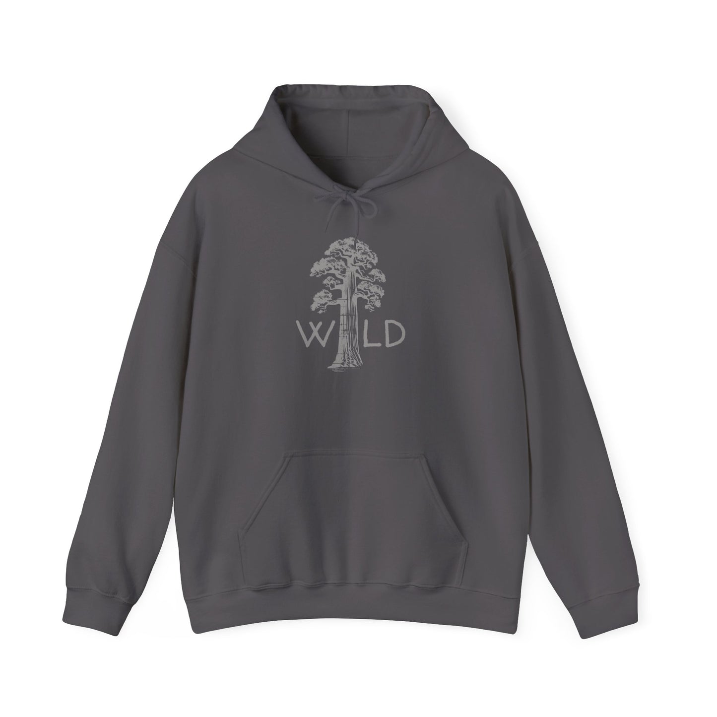 Gray hoodie with a tree and 'Wild' text design on a white background