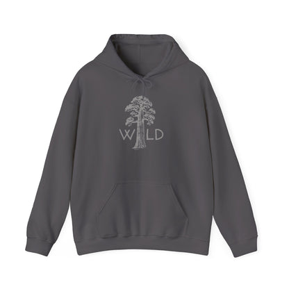 Gray hoodie with a tree and 'Wild' text design on a white background