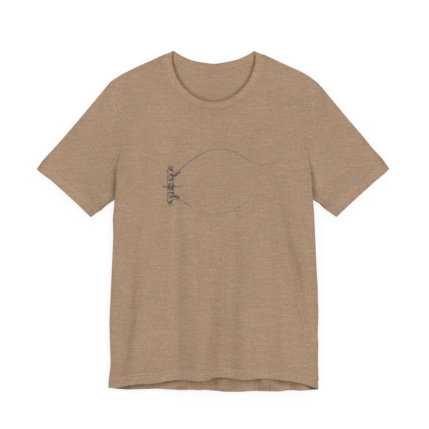 Brown t-shirt with a fishing graphic on a white background