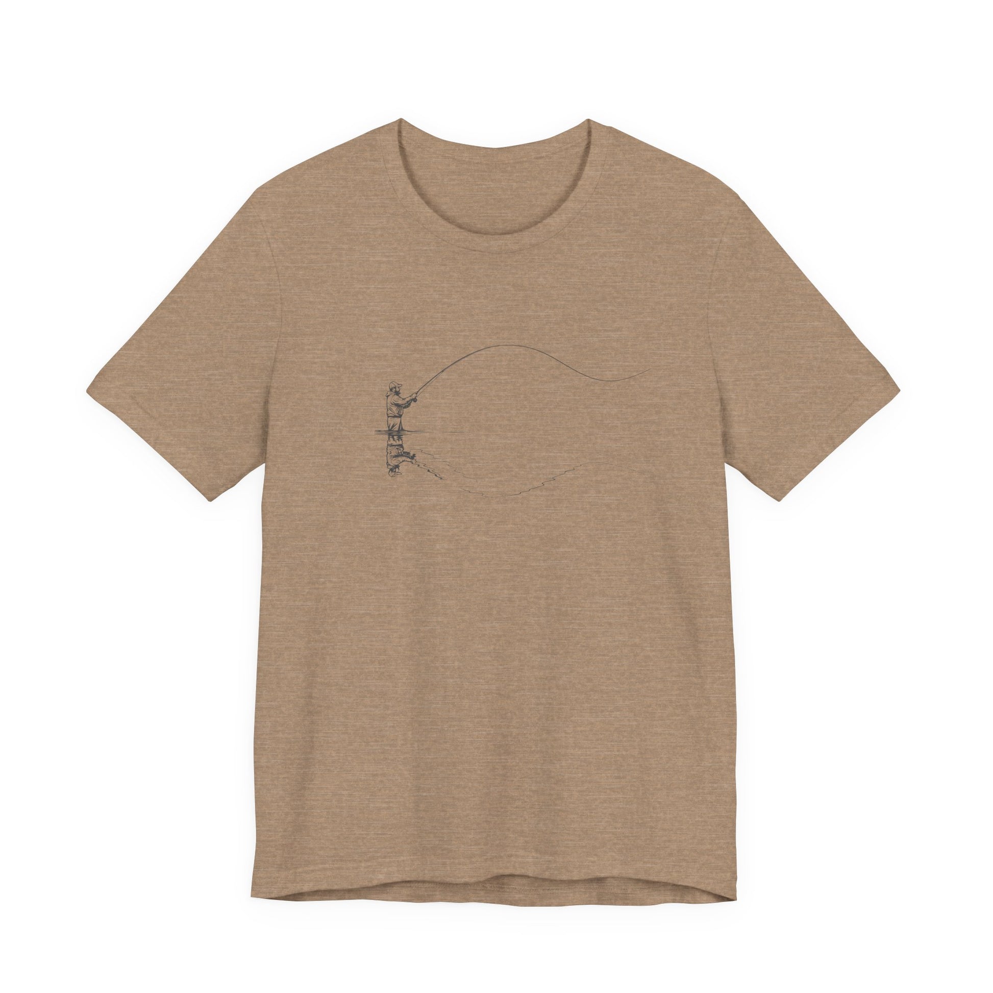 Brown t-shirt with a fishing graphic on a white background