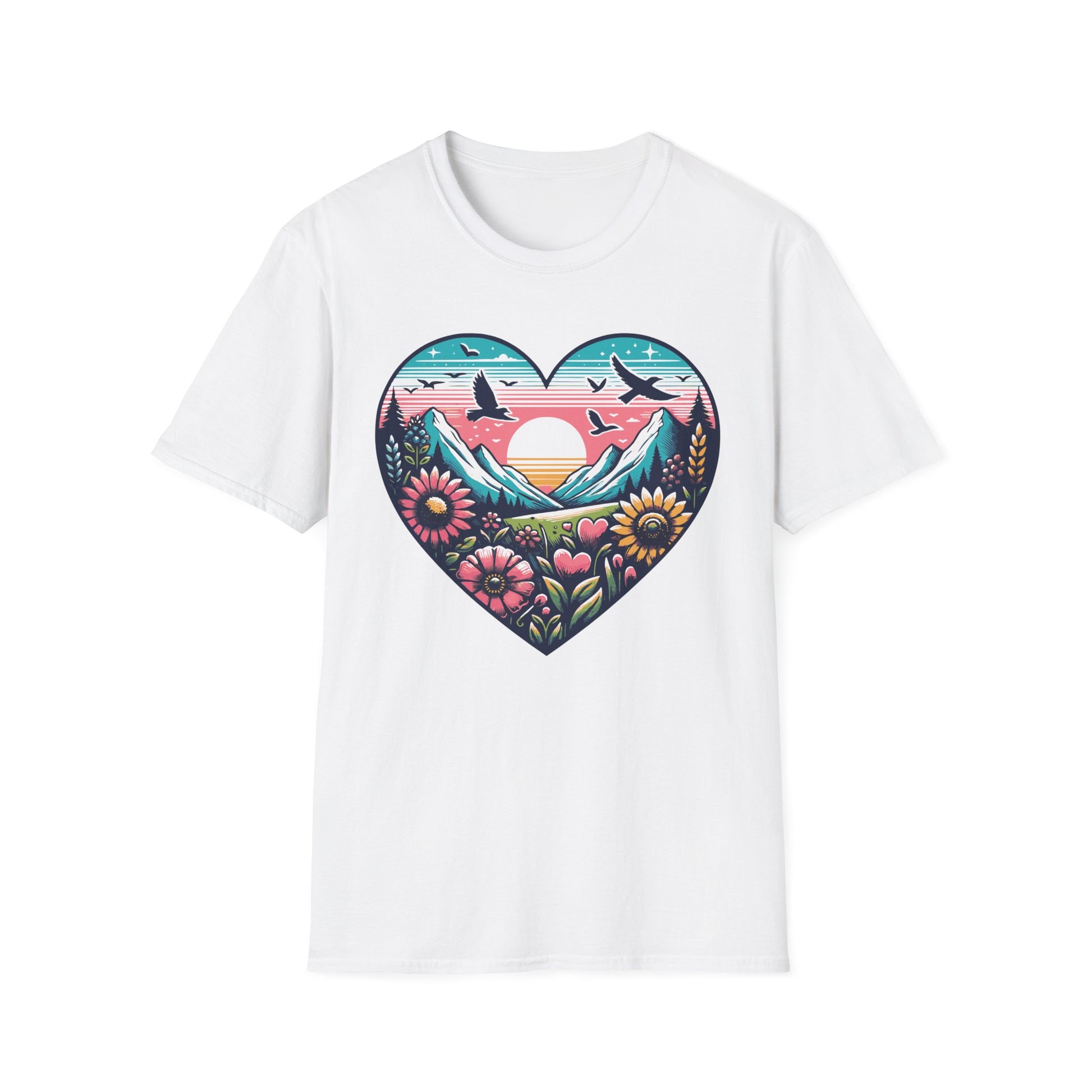 White t-shirt with a colorful heart design featuring mountains, flowers, and birds on a white background.