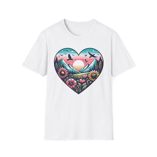 White t-shirt with a colorful heart design featuring mountains, flowers, and birds on a white background.