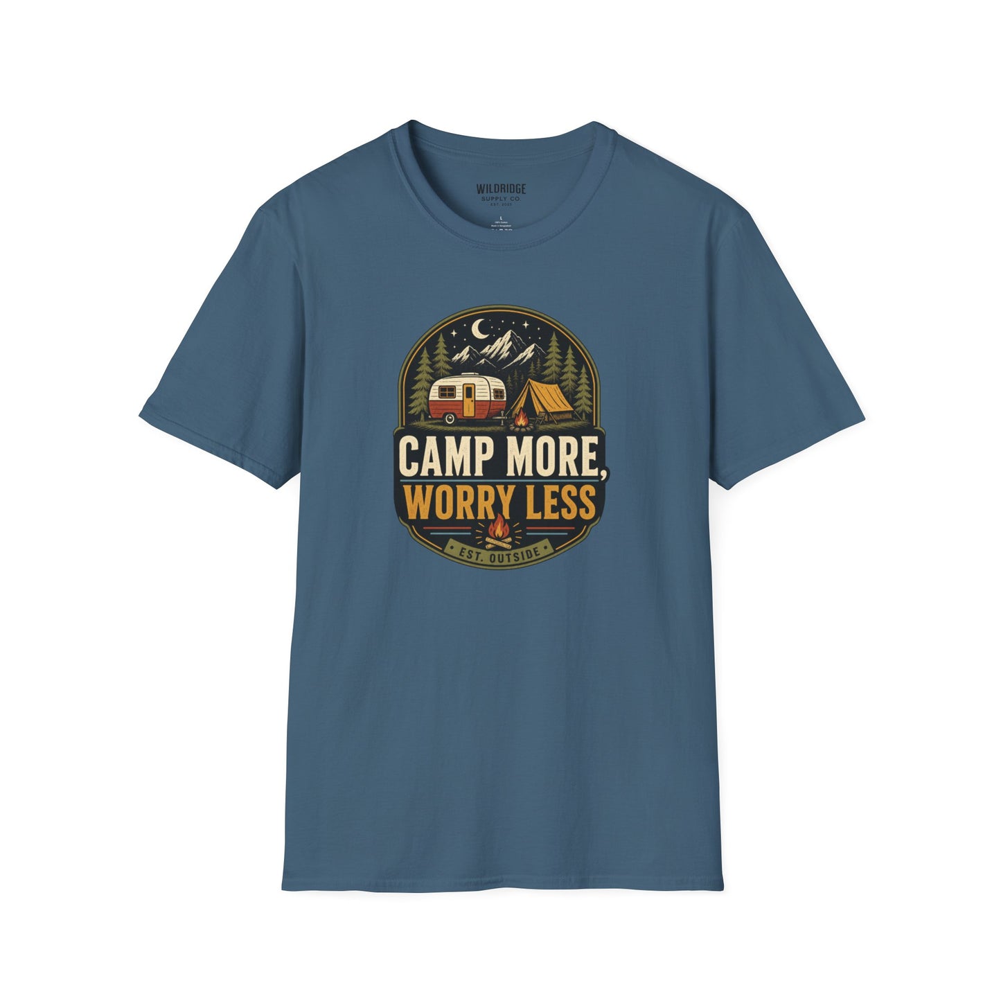 Camp More Worry Less T-Shirt | Vintage RV Camping Badge