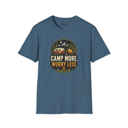 Camp More Worry Less T-Shirt | Vintage RV Camping Badge
