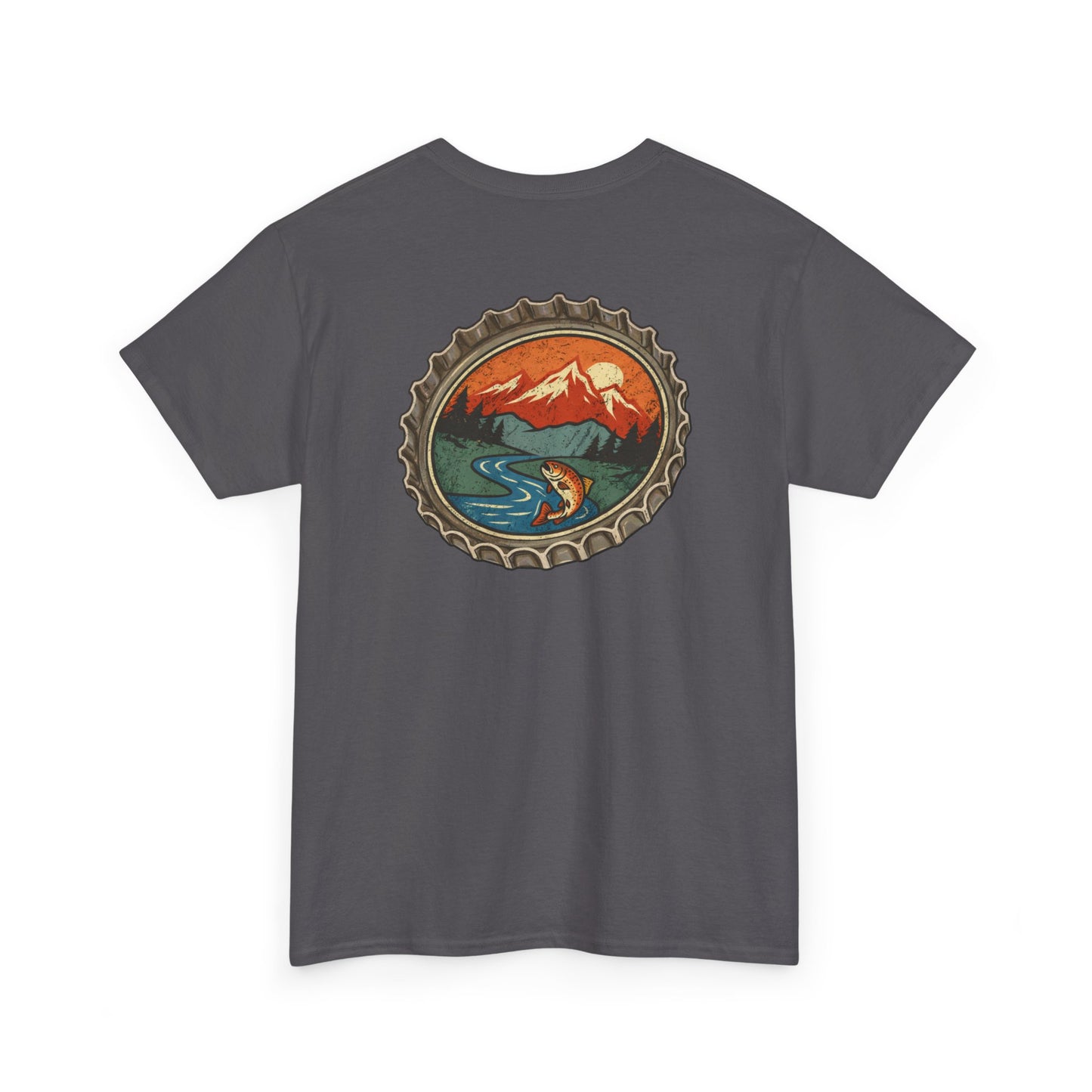 Bottle Cap Fishing Graphic Tee – Vintage Mountain River Outdoor Shirt
