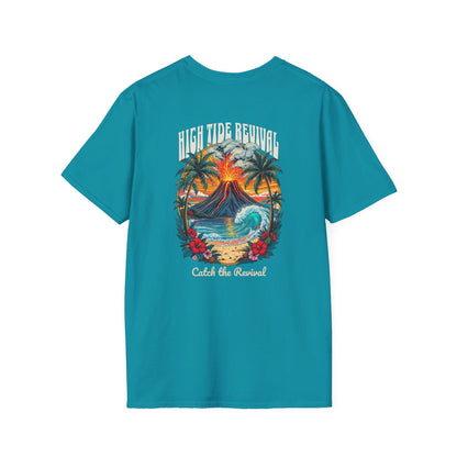 Teal t-shirt with a colorful graphic design on the back, featuring palm trees and a volcano, on a white background.