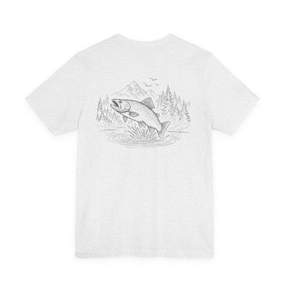 White t-shirt with a graphic of a fish and nature elements on a white background
