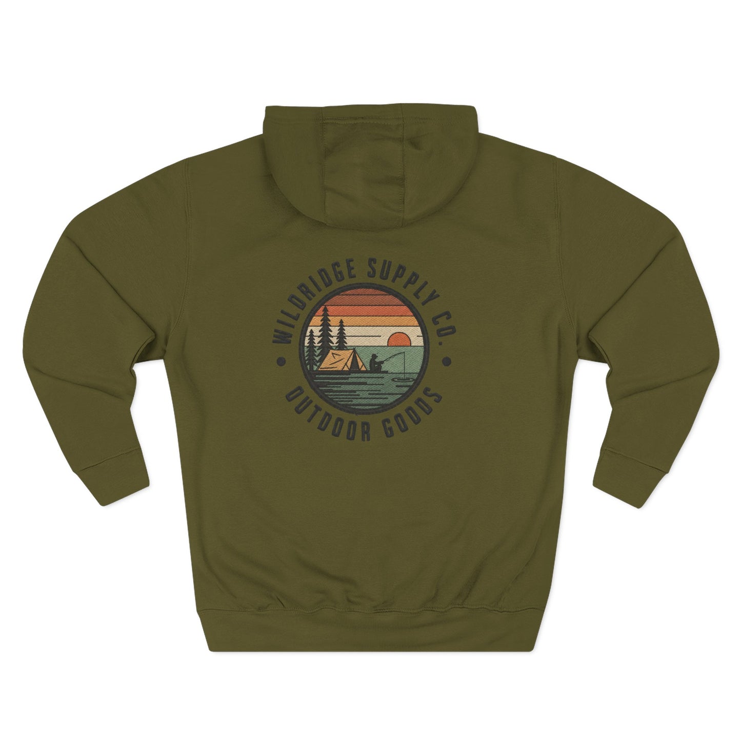 Vintage nature badge graphic on military green pullover hoodie