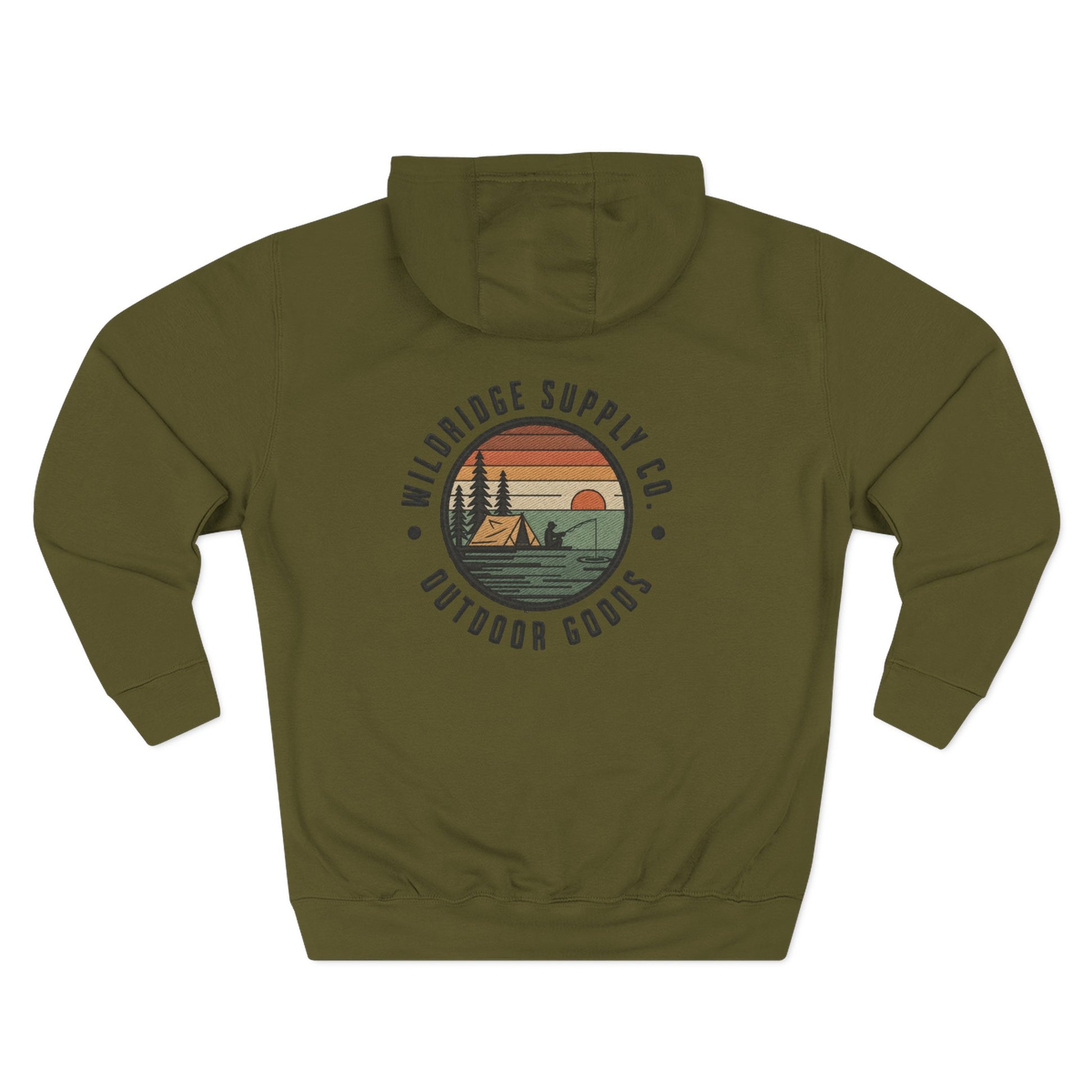 Vintage nature badge graphic on military green pullover hoodie