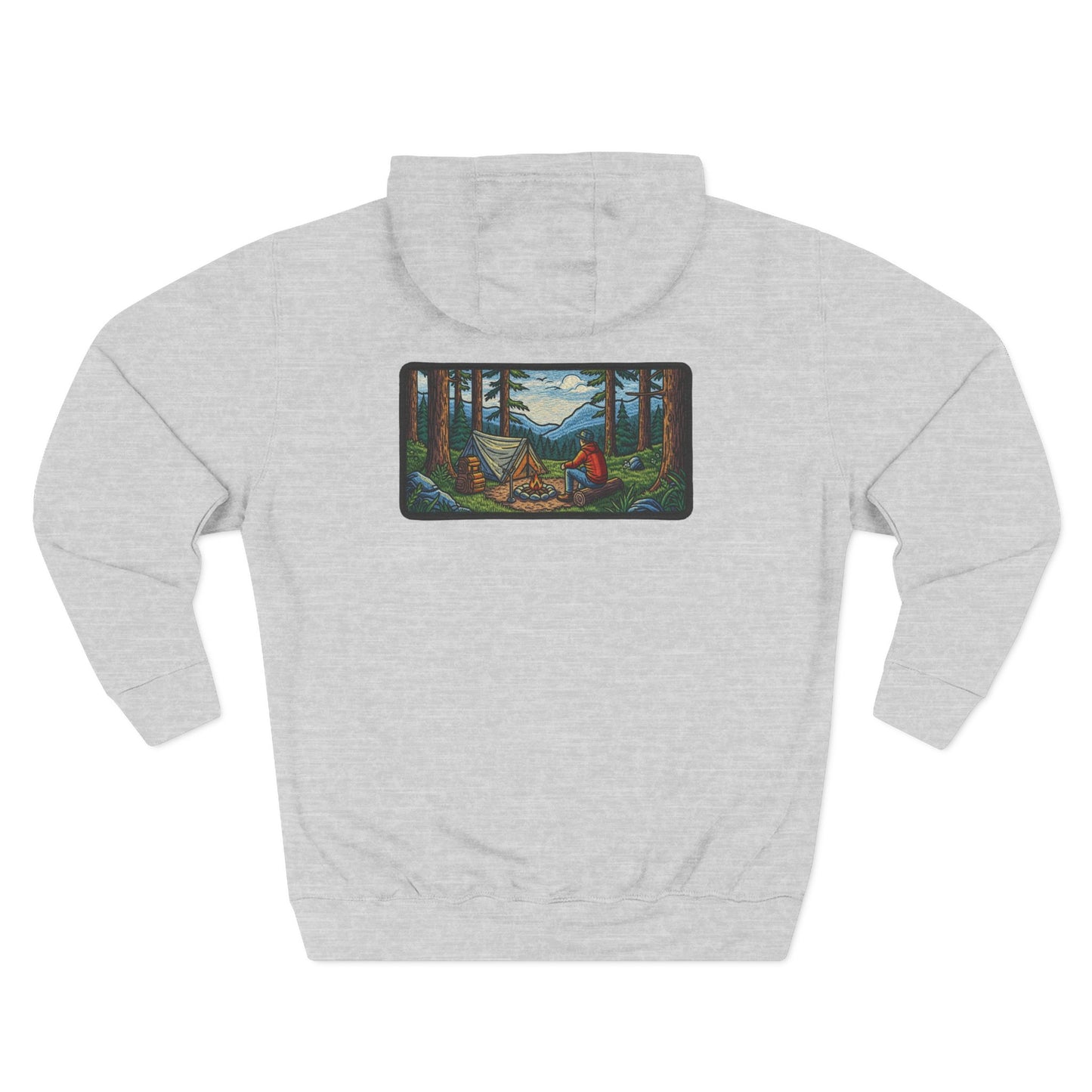 Camping Hoodie Retro Stichted Scenic Forest Campfire Design