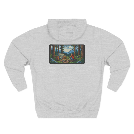 Camping Hoodie Retro Stichted Scenic Forest Campfire Design