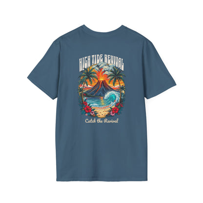 High Tide Revival Surf T-Shirt | Vintage Volcano Wave Graphic Tee | Coastal Beachwear for Surfers