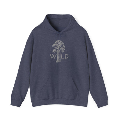 Blue hoodie with a tree and 'Wild' text design on a white background