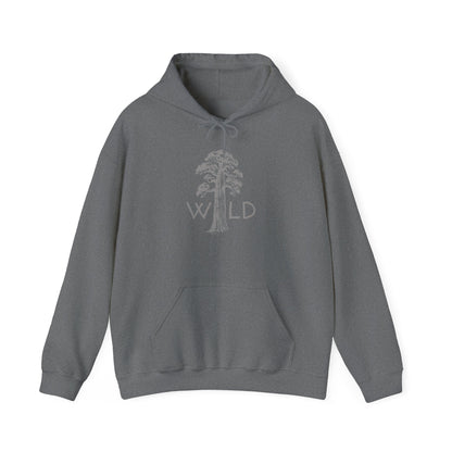 Gray hoodie with a tree and 'WILD' text on a white background