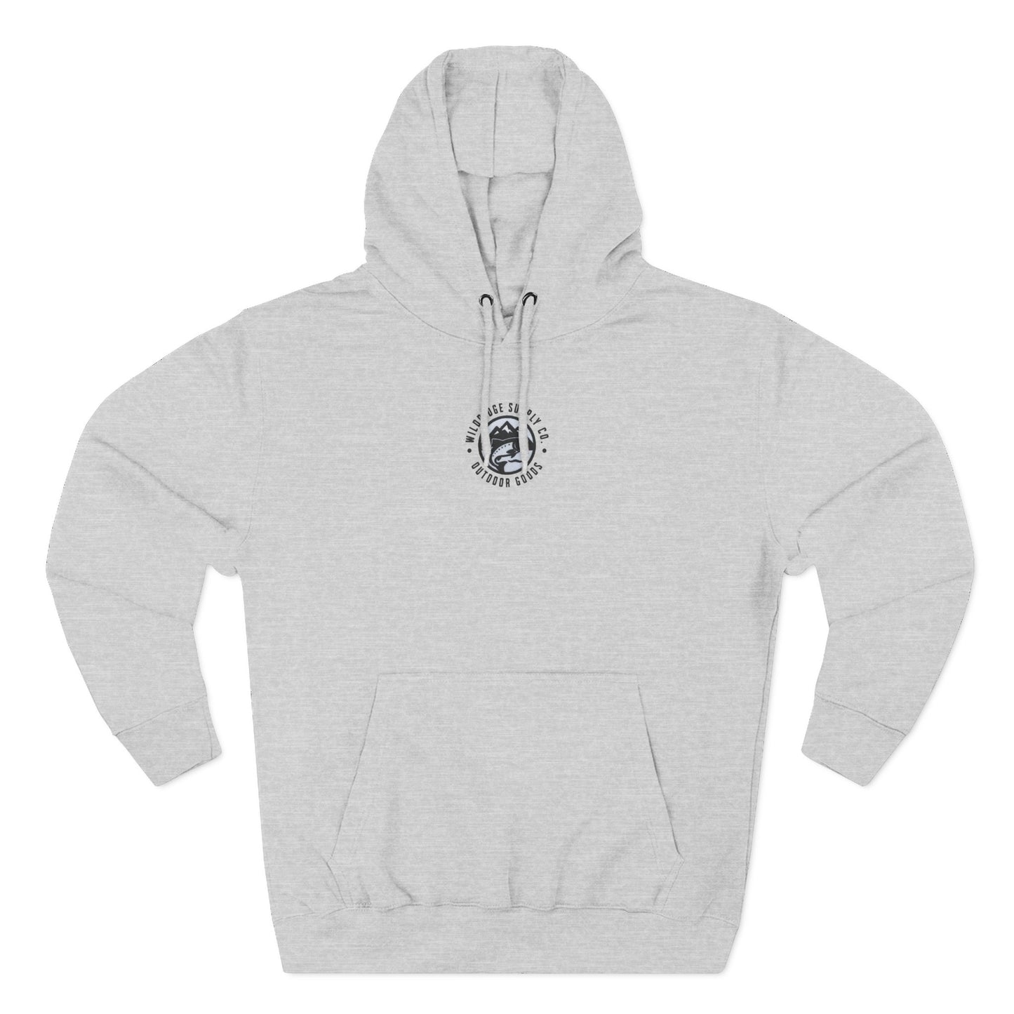 Gray hoodie with a logo on the chest against a white background