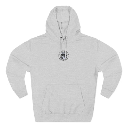 Gray hoodie with a logo on the chest against a white background