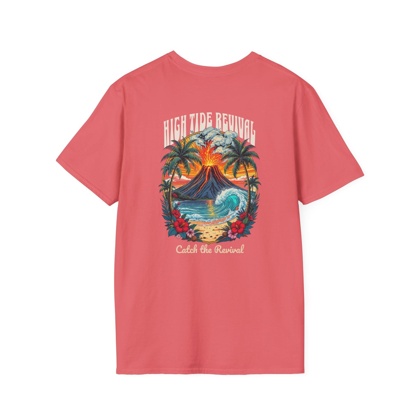 Pink t-shirt with a tropical graphic design on a white background