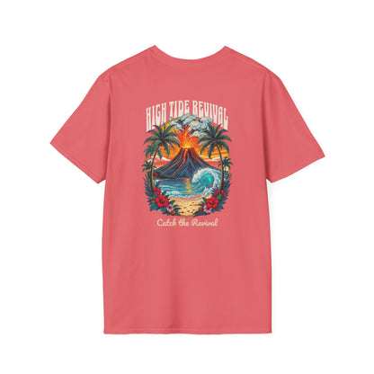 Pink t-shirt with a tropical graphic design on a white background