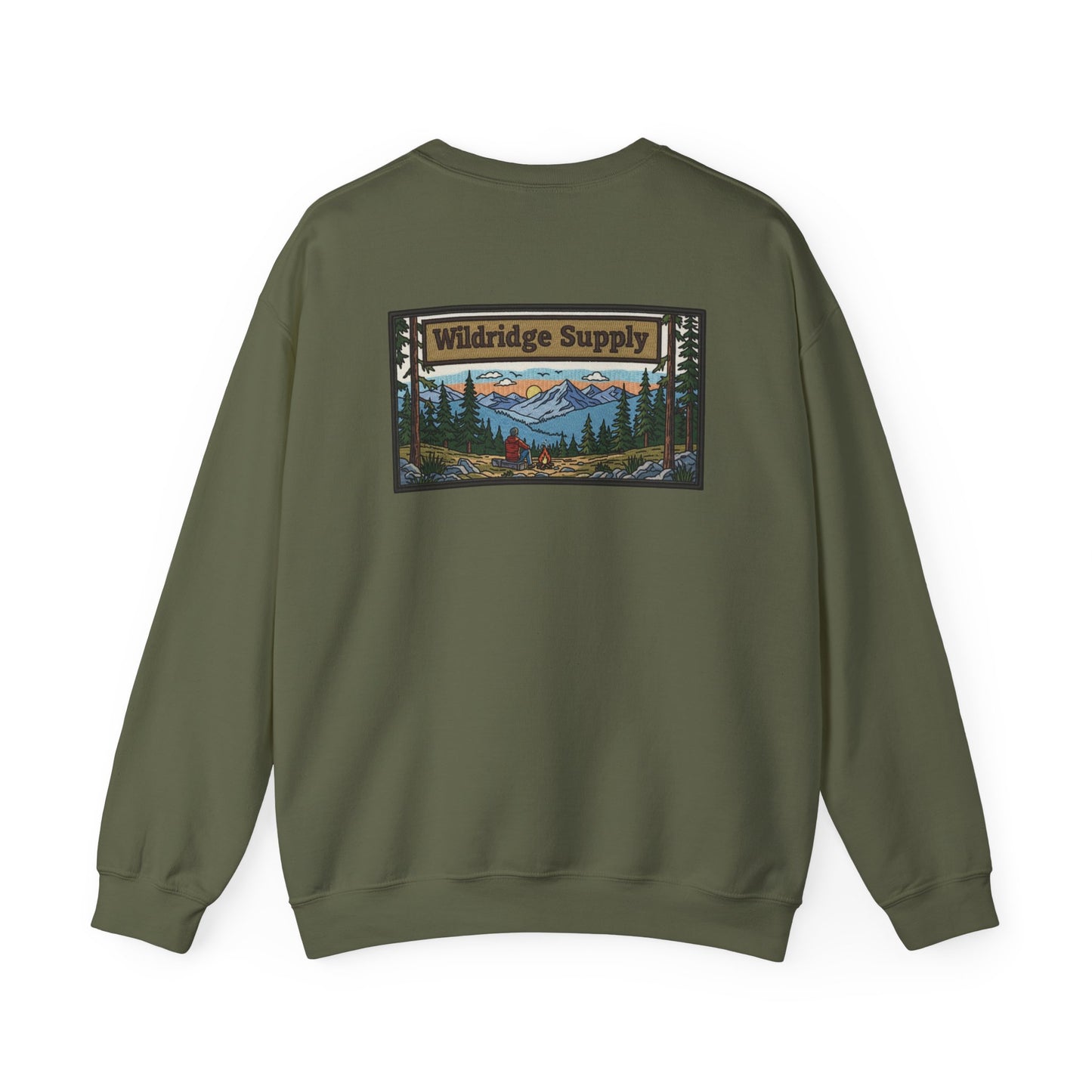 Wildridge Supply Co. Mountain Campfire Patch Sweatshirt – Outdoor Hiking & Camping Graphic Crewneck