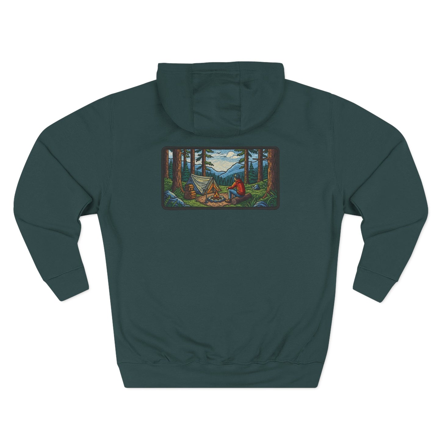 Camping Hoodie Retro Stichted Scenic Forest Campfire Design