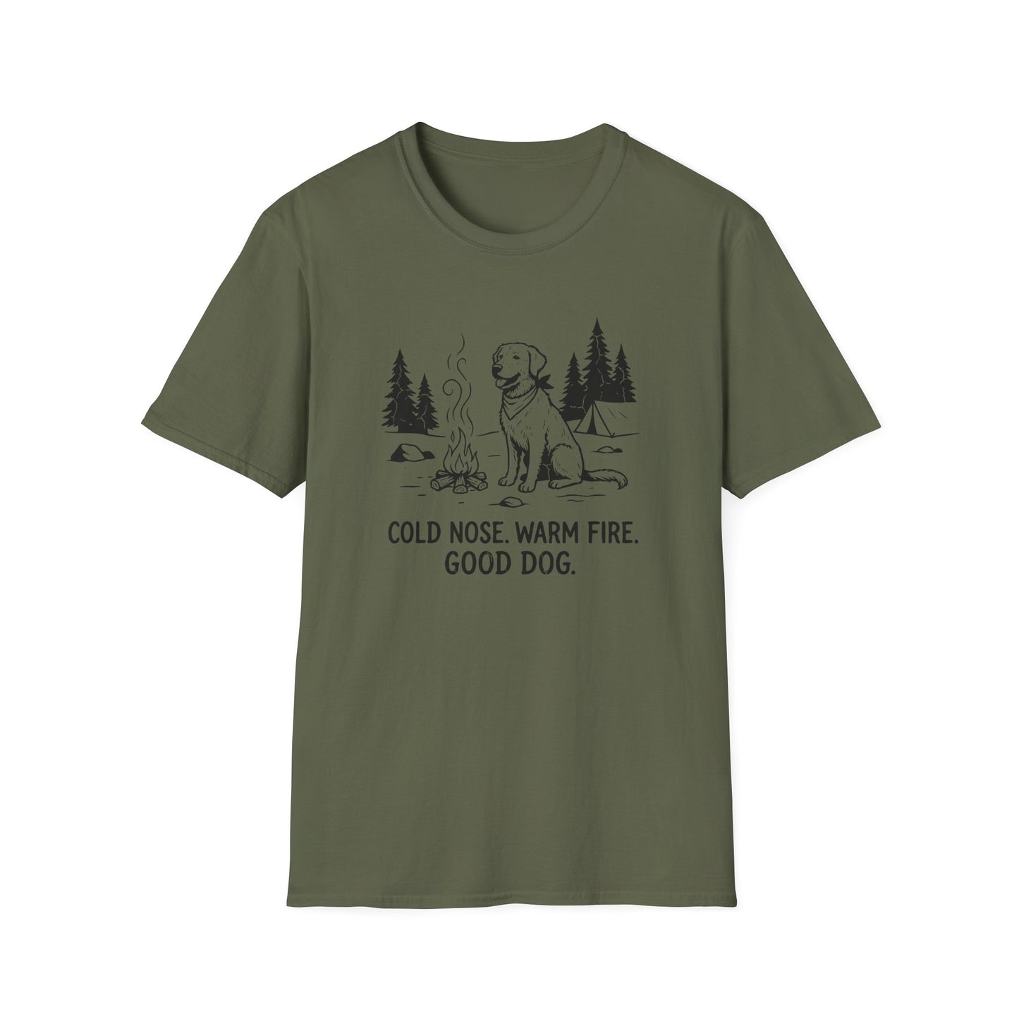 Camping Dog T-Shirt — "Cold Nose, Warm Fire, Good Dog" Graphic Tee