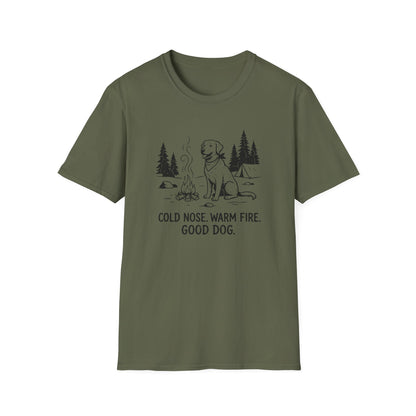 Camping Dog T-Shirt — "Cold Nose, Warm Fire, Good Dog" Graphic Tee