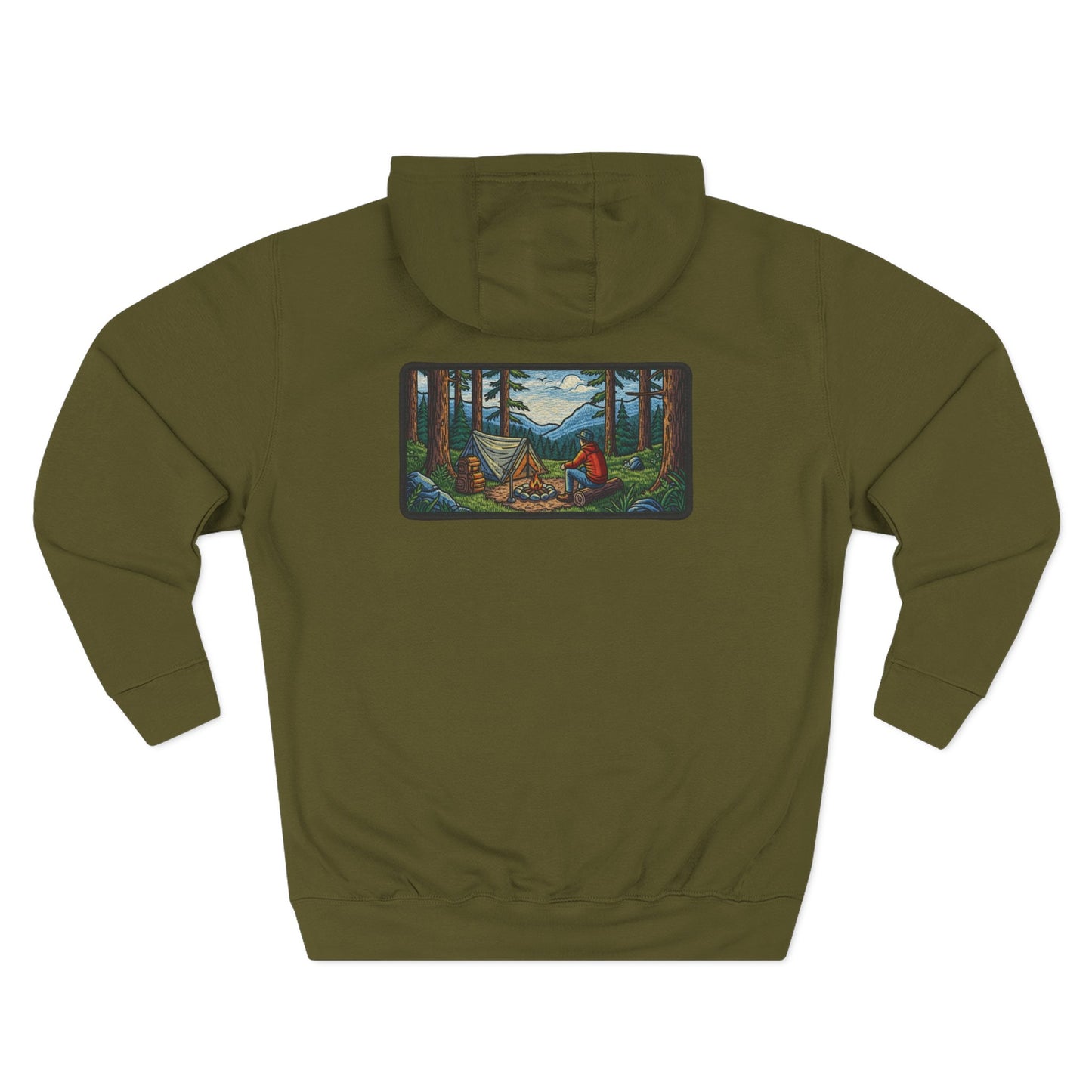 Camping Hoodie Retro Stichted Scenic Forest Campfire Design