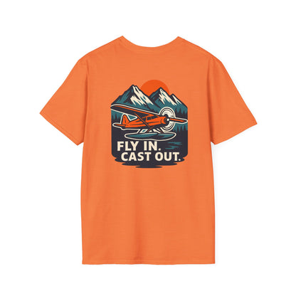 Fishing Unisex Softstyle T-Shirt with Alaskan Seaplane Design - Fly in Cast Out