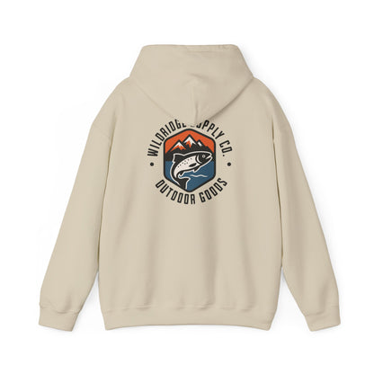 Beige hoodie with a logo on the back on a white background