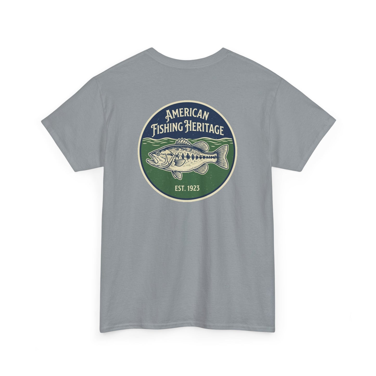 Gray t-shirt with American Fishing Heritage logo on a white background