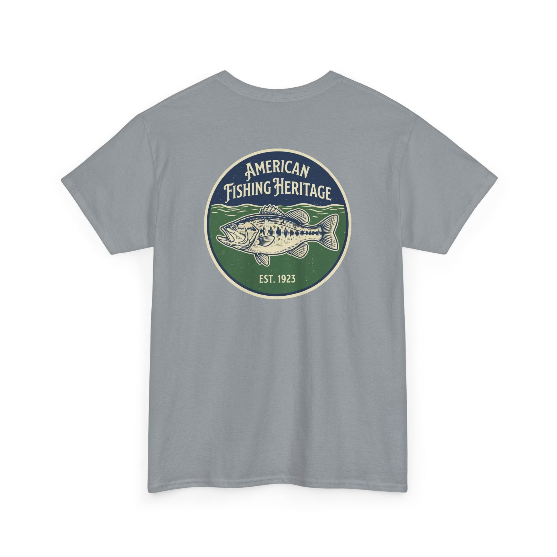Gray t-shirt with American Fishing Heritage logo on a white background