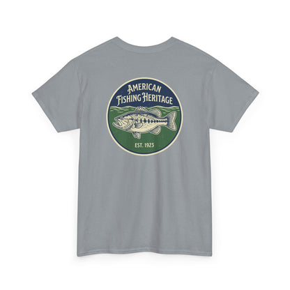Gray t-shirt with American Fishing Heritage logo on a white background