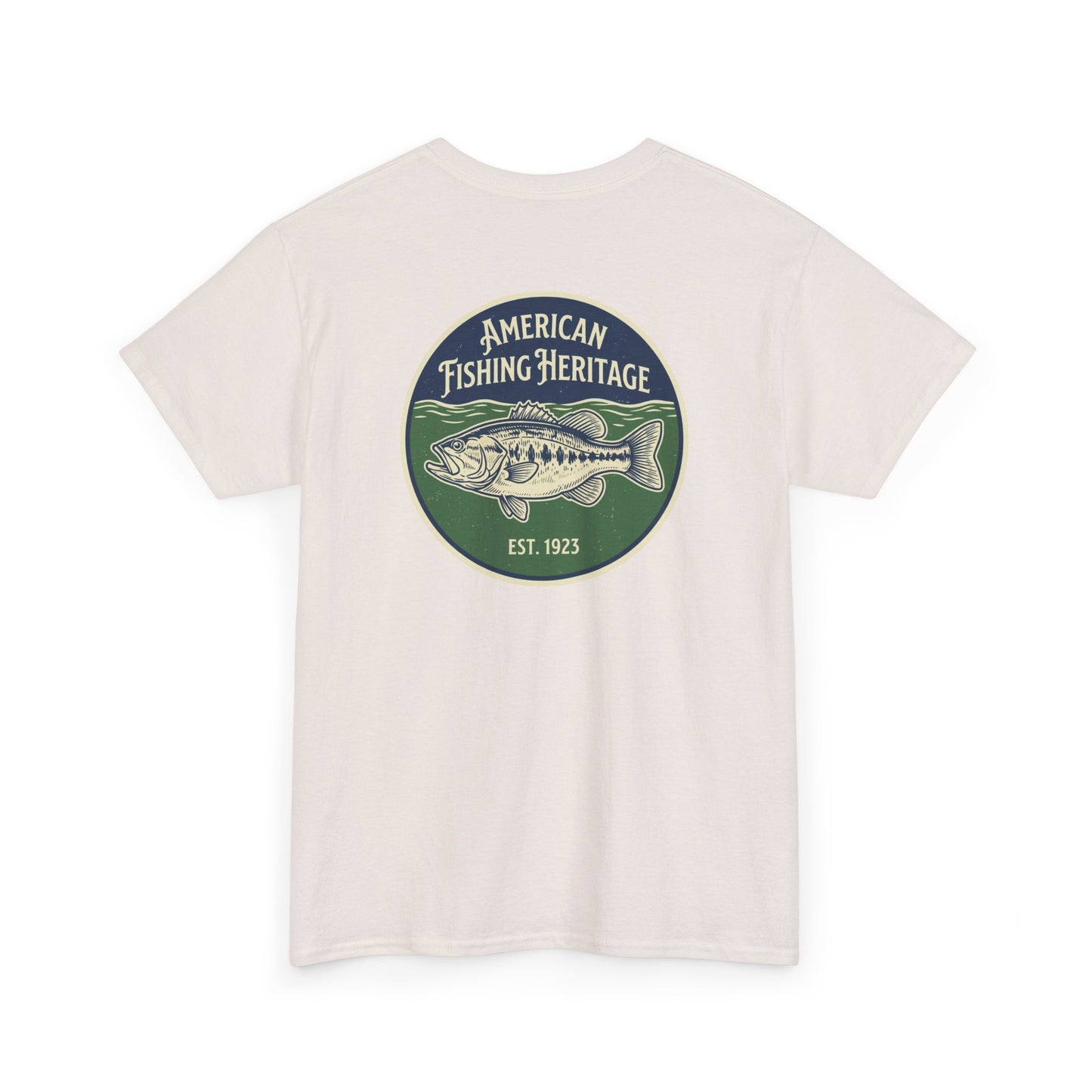 Beige t-shirt with American Fishing Heritage logo on a white background