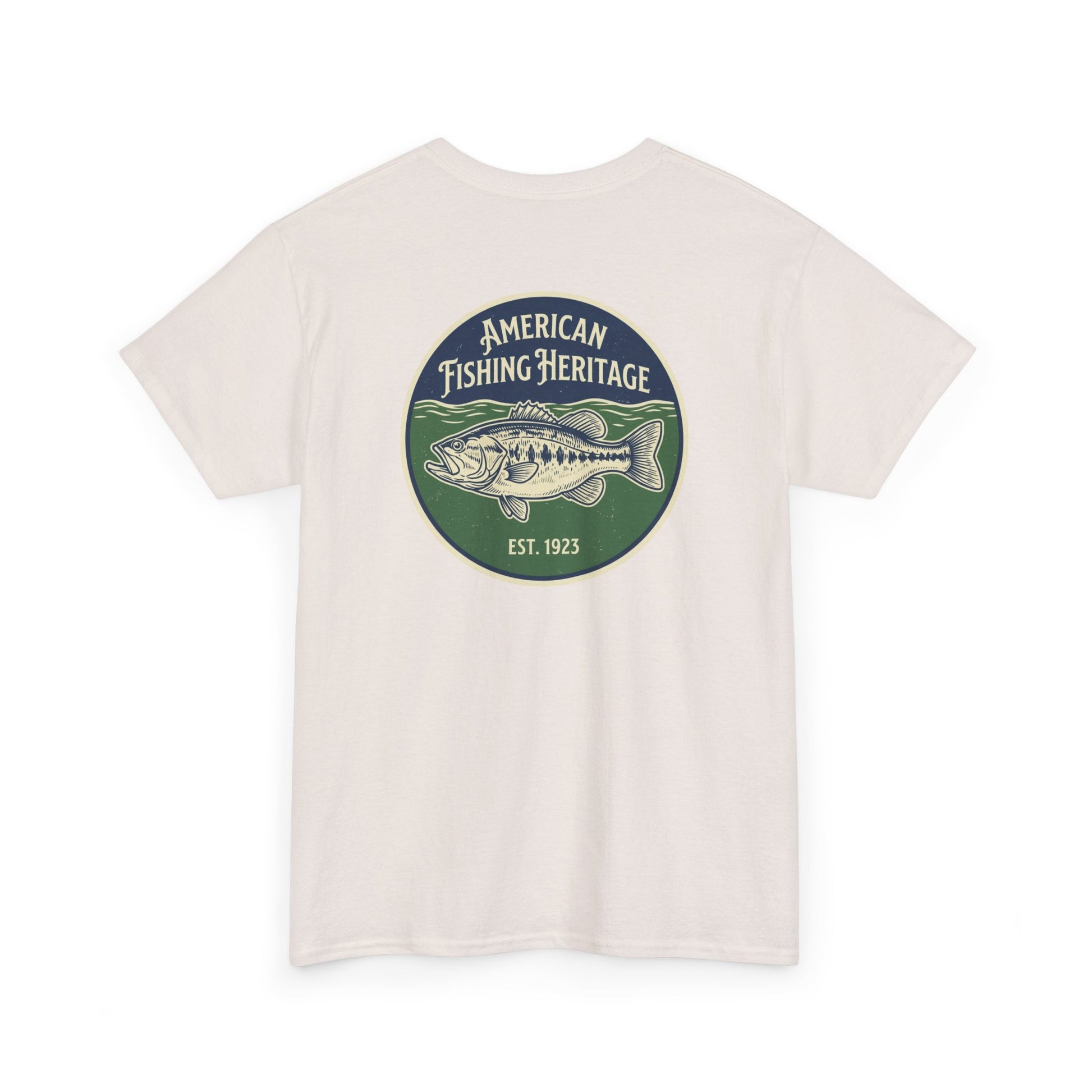 Beige t-shirt with American Fishing Heritage logo on a white background