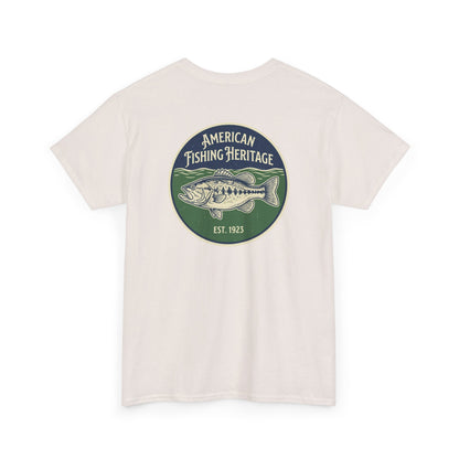 Beige t-shirt with American Fishing Heritage logo on a white background