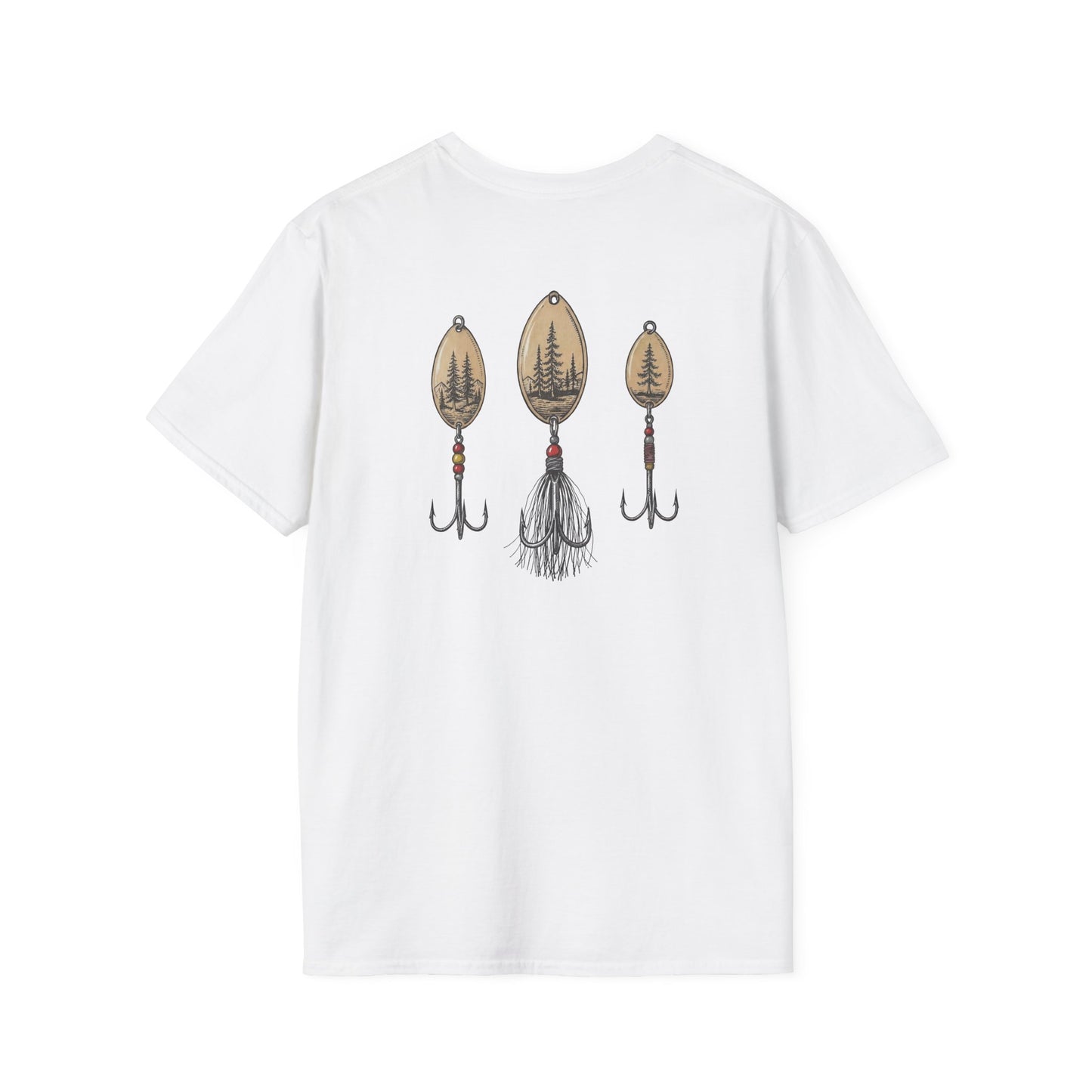 White t-shirt with trout fishing lures