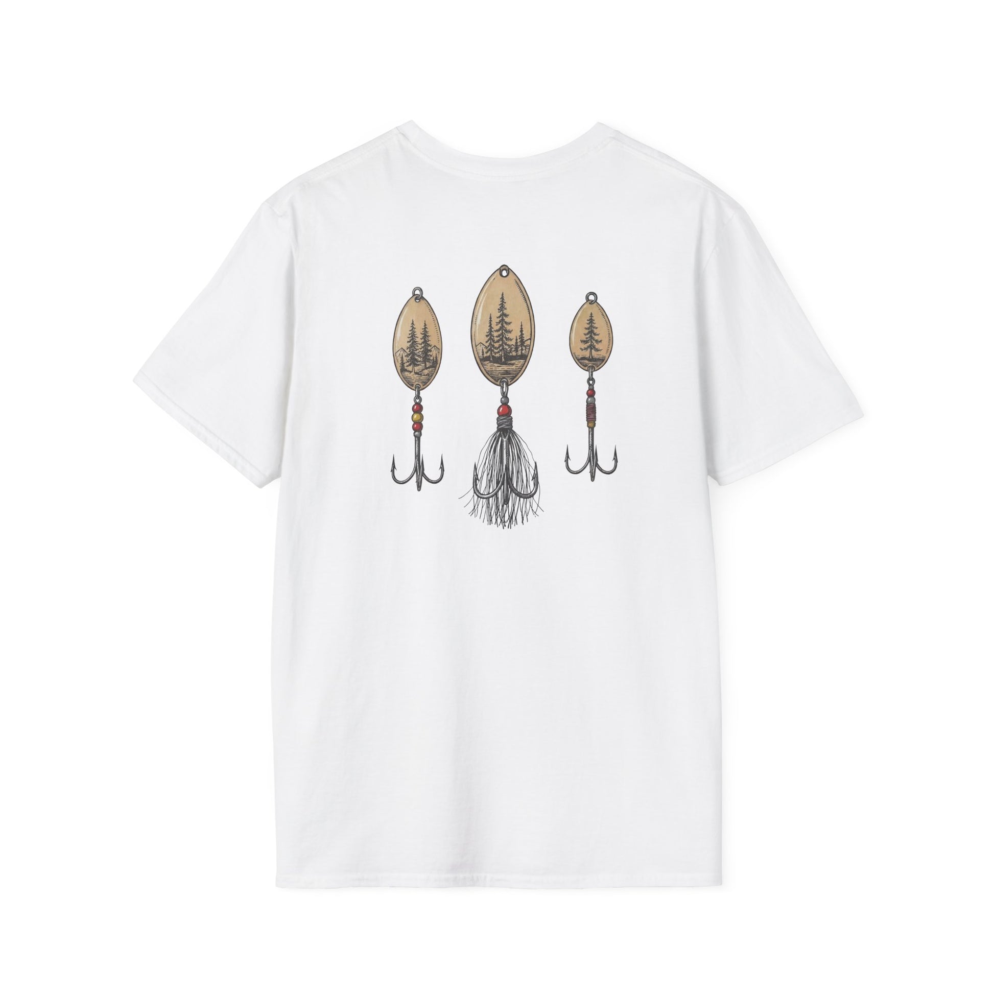 White t-shirt with trout fishing lures
