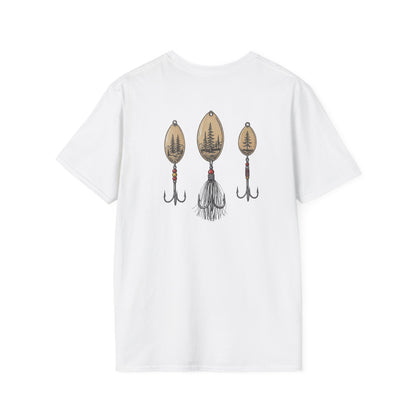 White t-shirt with trout fishing lures