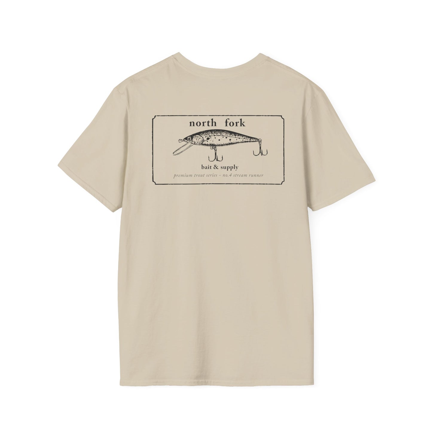 North Fork trout fishing bait graphic tee flat lay showing back artwork