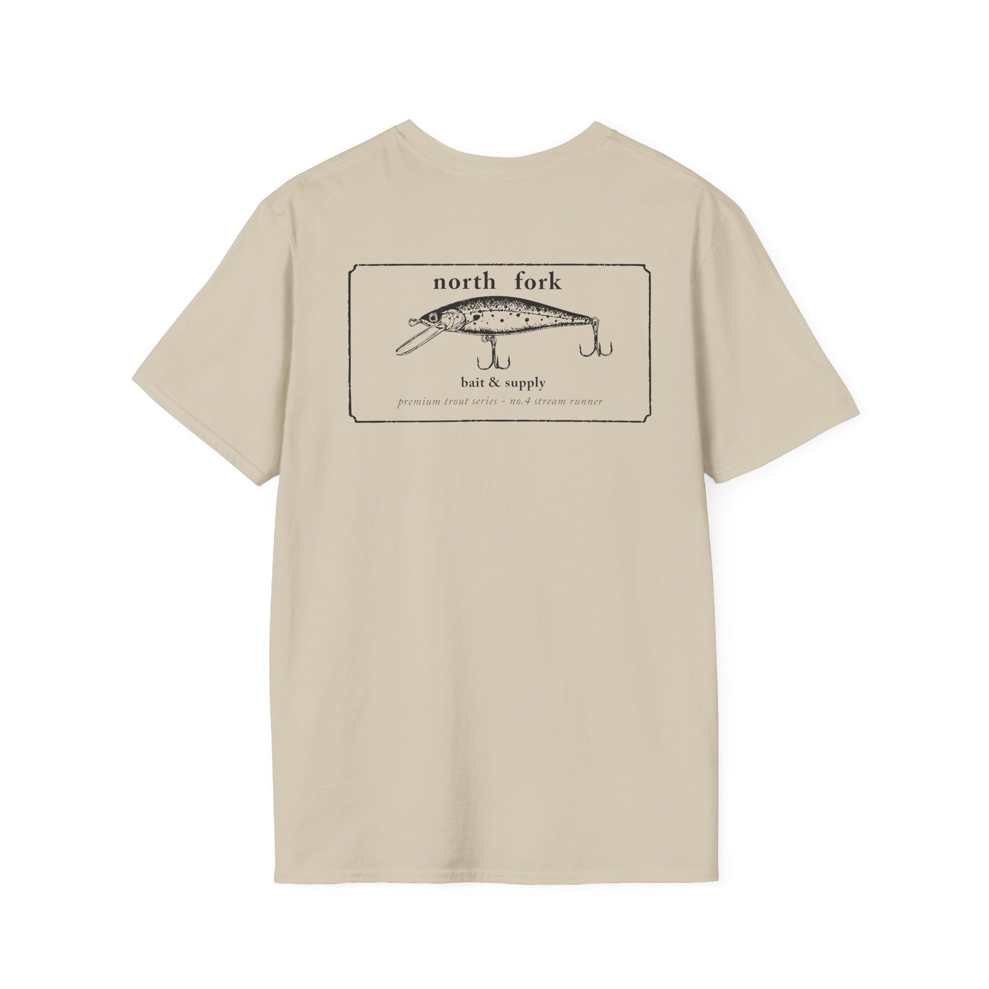 North Fork trout fishing bait graphic tee flat lay showing back artwork