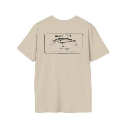 North Fork trout fishing bait graphic tee flat lay showing back artwork