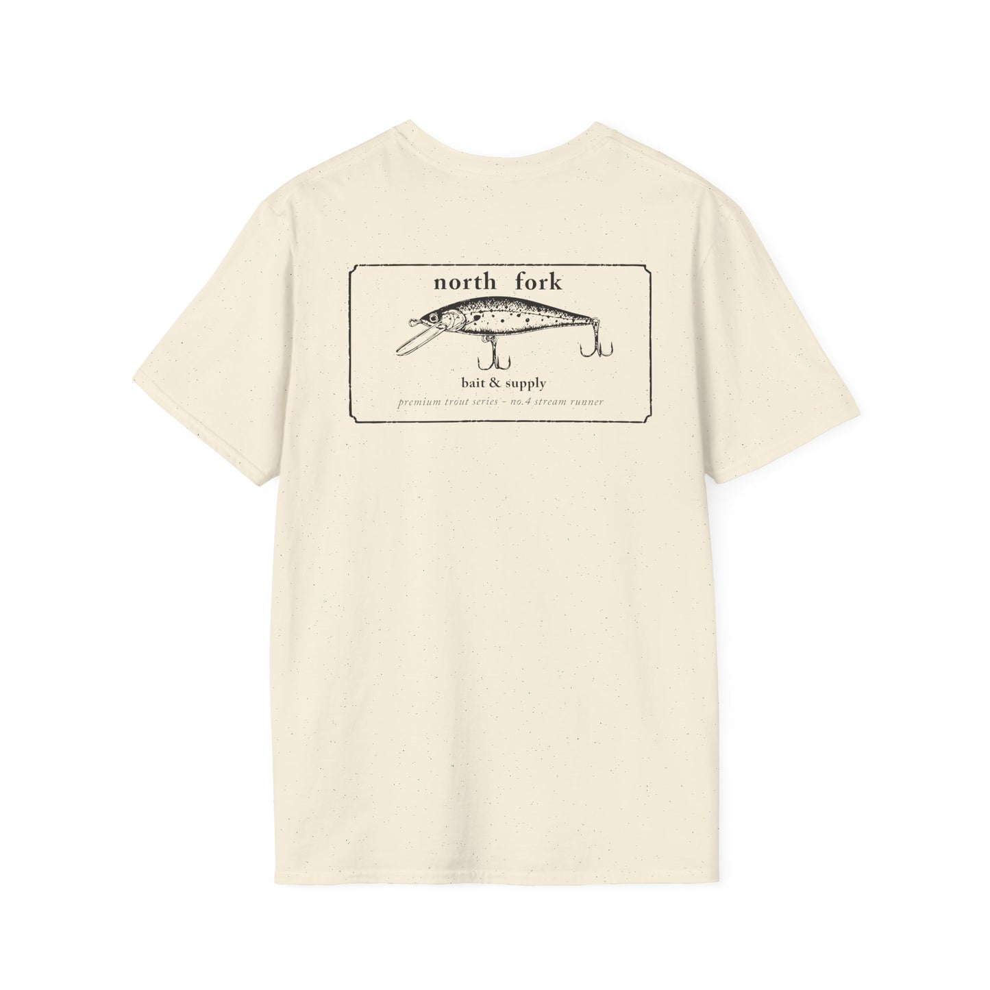Trout fishing t-shirt lifestyle image with North Fork lure design