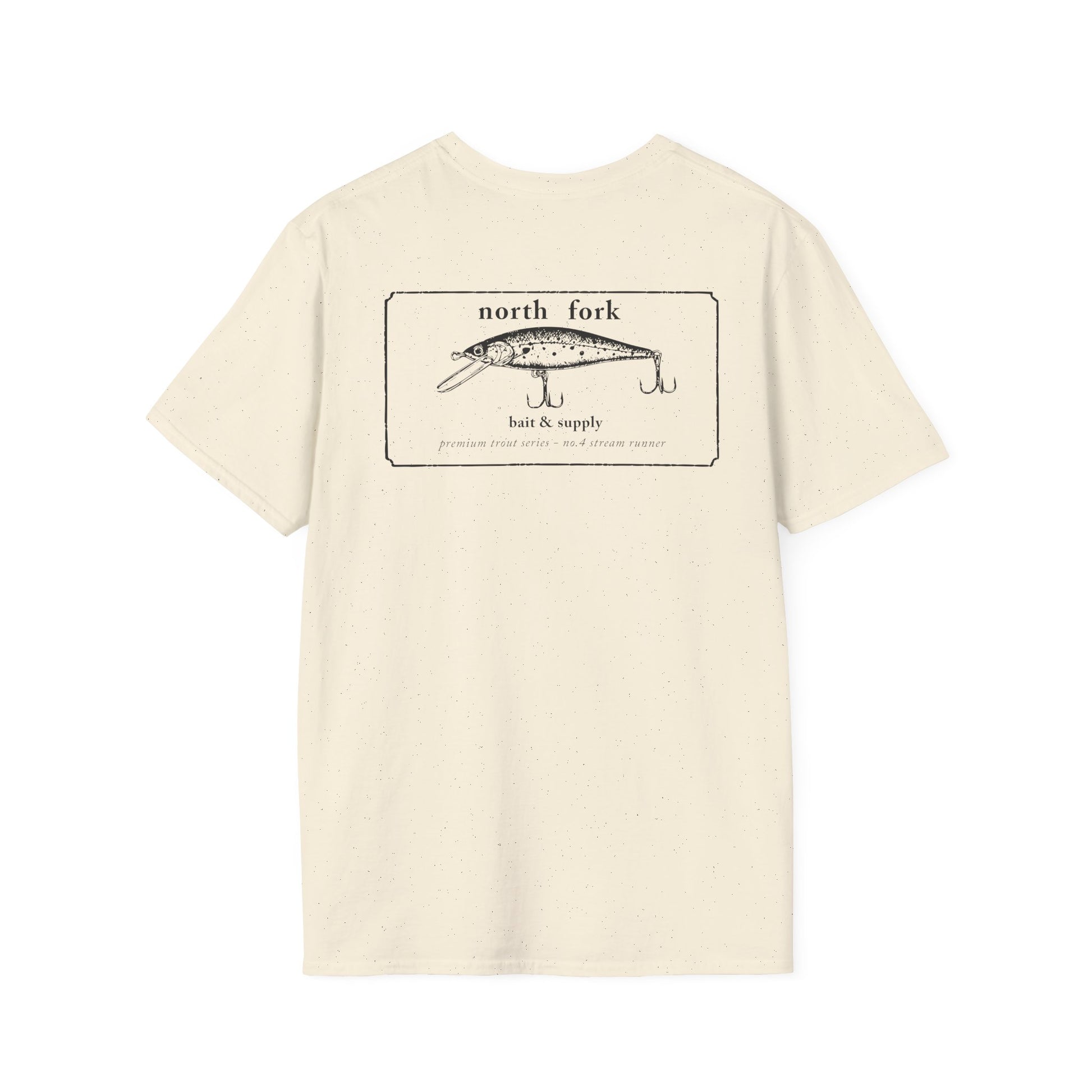 Trout fishing t-shirt lifestyle image with North Fork lure design