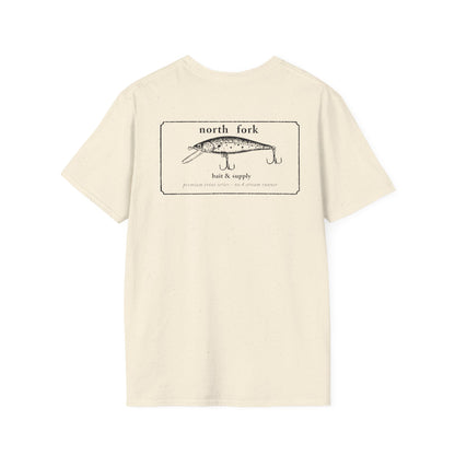 Trout fishing t-shirt lifestyle image with North Fork lure design