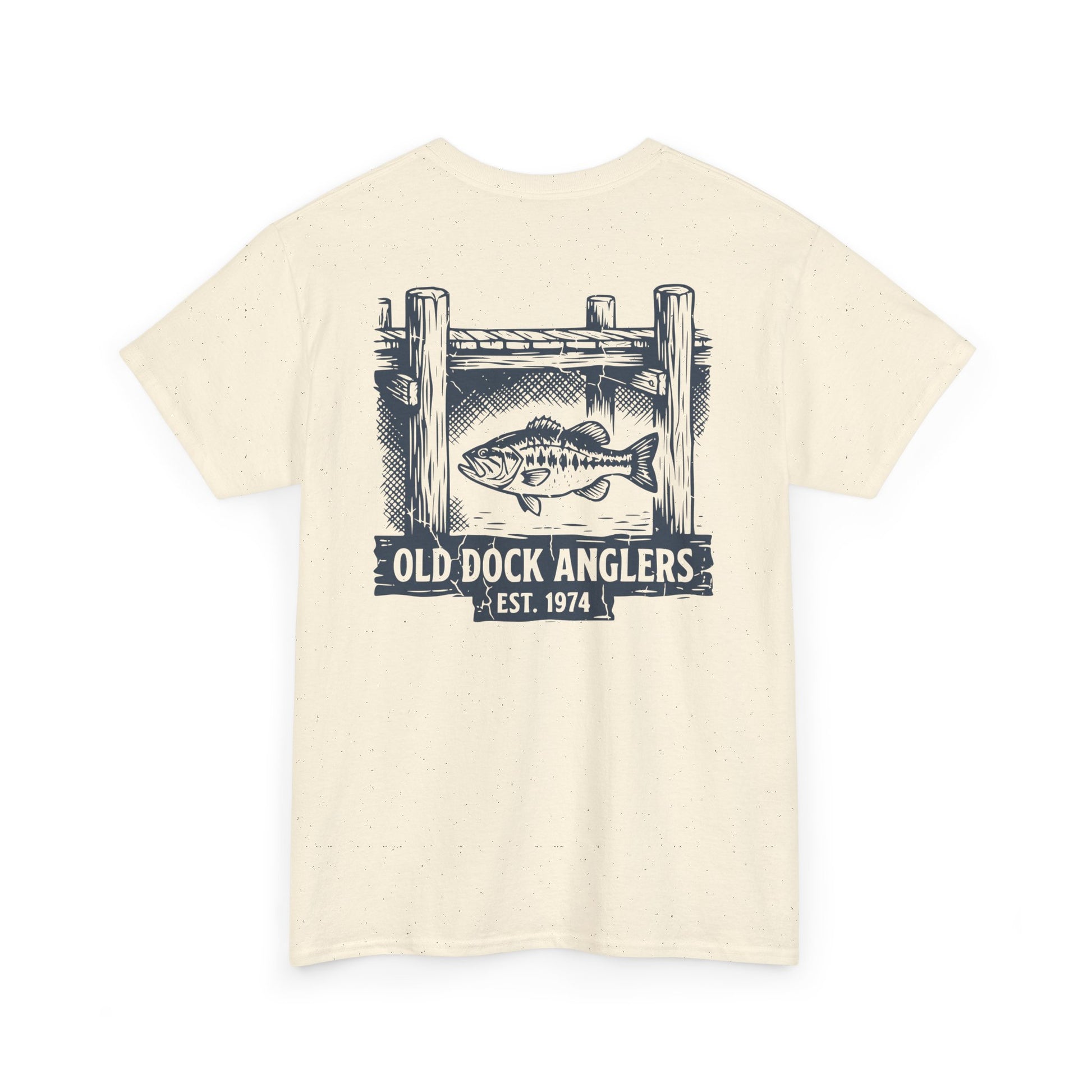 Beige t-shirt with 'Old Dock Anglers' graphic on a white background