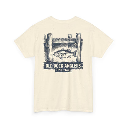 Beige t-shirt with 'Old Dock Anglers' graphic on a white background